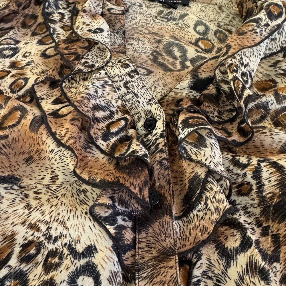 Y2K AB Studio Womens XL Leopard Print Ruffle V-Neck Blouse Metallic Gold Accents - Picture 6 of 10